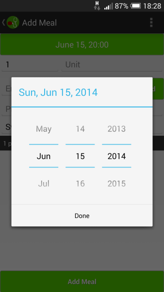 Date picker opened from the meal timestamp