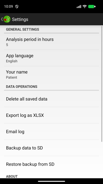 Fintolog Settings screen with app language, analysis, export, email, backup, and restore options